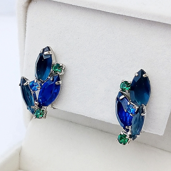 VINTAGE BLUE GREEN SILVERTONE EARRINGS clip on glass MCM - Picture 2 of 6